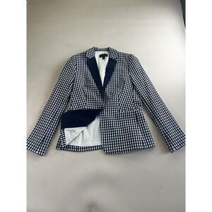 J Crew Puckered Gingham Blazer Jacket Navy Blue Lapel White Cotton Womens Size 4